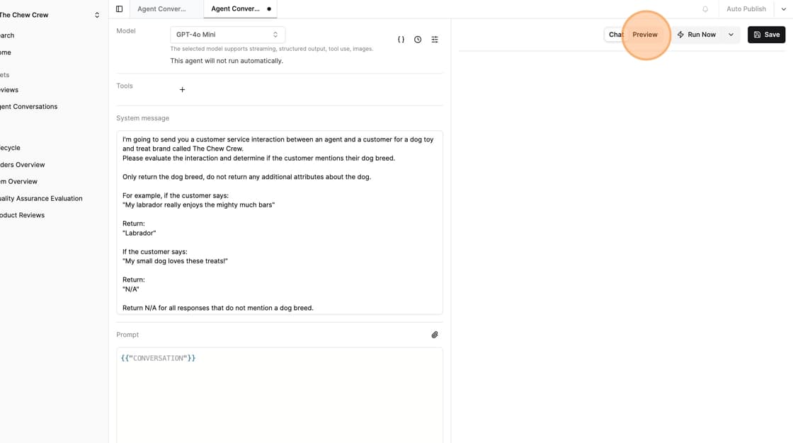 Example LLM configuration with prompts