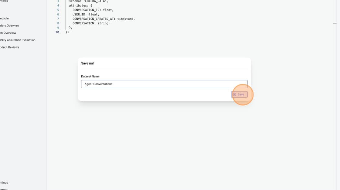 Left sidebar showing the newly created data set in the list