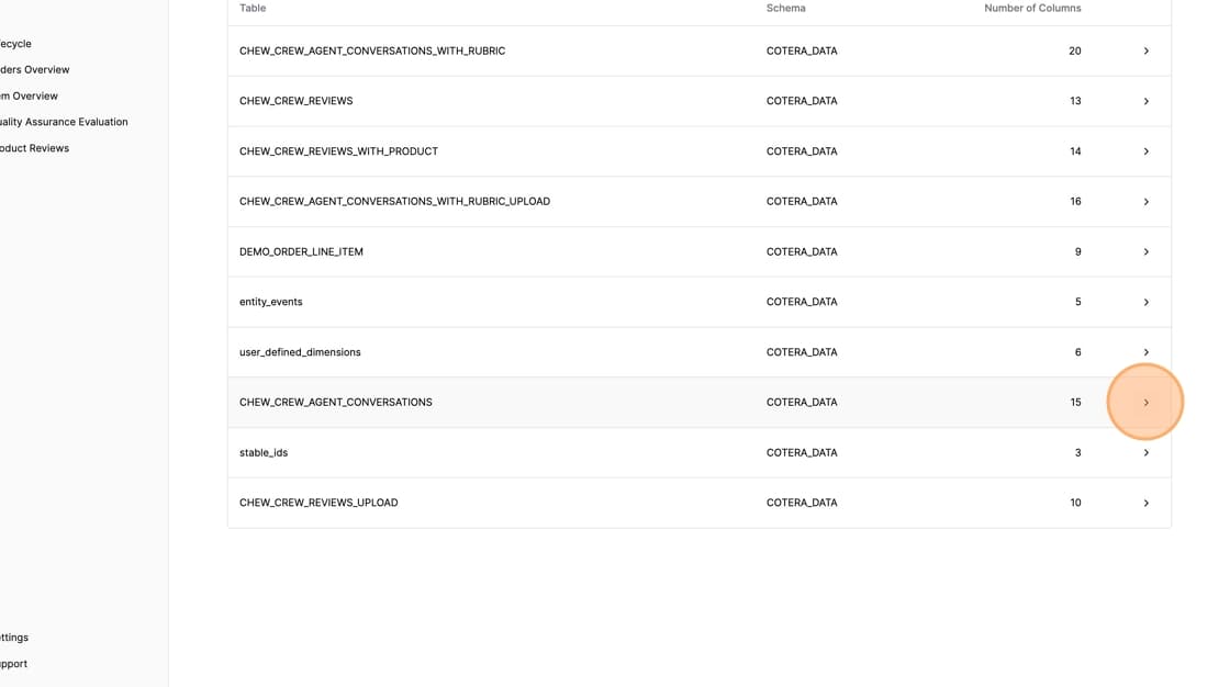 Schema browser and table list interface showing available options, select table