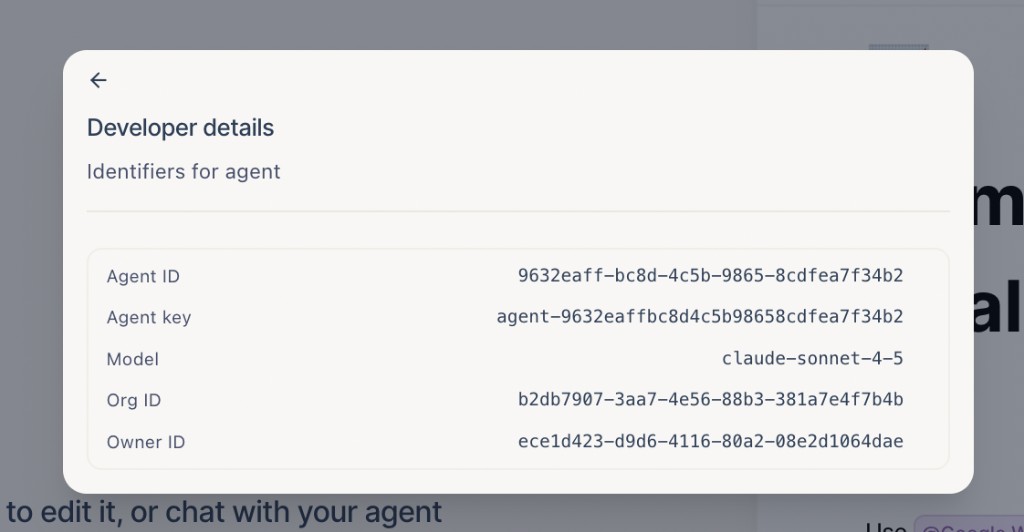 Developer details in Cotera — copy the Agent ID for use in Snowflake SQL