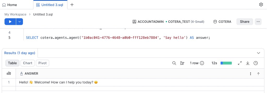 Call a Cotera agent from a Snowflake SQL worksheet